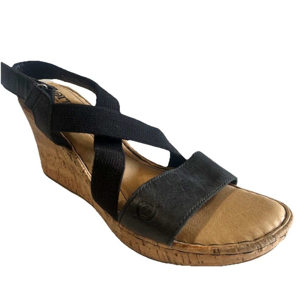 Born Women 8.5M Leather Black Crossover Strappy Platform Cork Wedge  Sandals